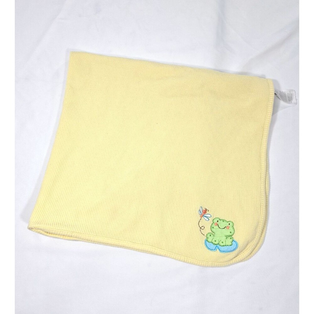 Just Born Baby Blanket Thermal Cotton Waffle Weave Yellow Frog Embroidered 32x26